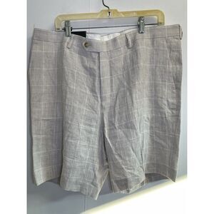 NEW Express Shorts Mens 38 Beige Linen Glen Plaid Flat Front Above The‎ Knee 8"
